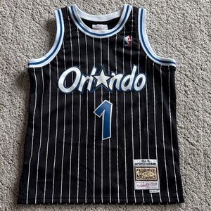 Mitchell & Ness Black Orlando Pinstripe Kids Jersey with Blue and White Trim